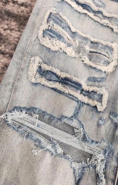 

falection mens 21ss amimike jeans distressed ripped logo embroidered jeans blue 059660363