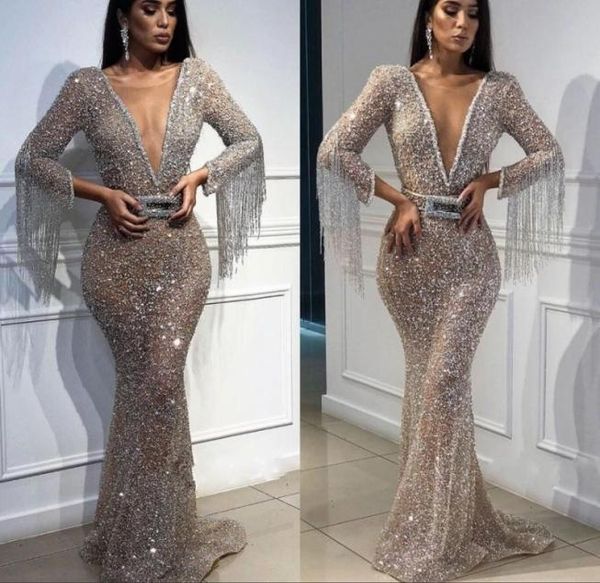 

prom party dress with bow 2019 deep vneck mermaid long sleeves floor length evening gowns sequin crystals tassels8121826, Black