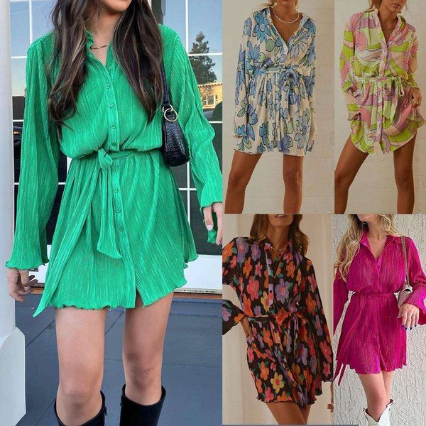 

womens autumn dress pure color print strap lapel cardigan long sleeve, Black;gray