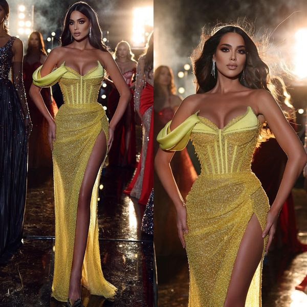 

elegant yellow sequins mermaid evening dresses sweetheart party prom dress split pleats long dress for special occasion, Black;red