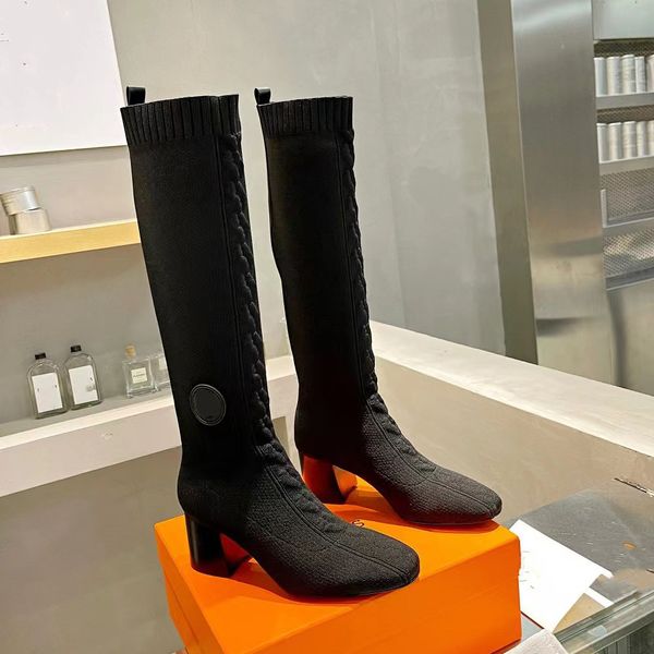 

womens boots designer stretch sock boot h home leather martin thick-soled thick high-heeled mid-tube fashion single beige orange factory sup, Black