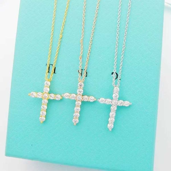 

luxury s925 original tf designer girls diamond cross pendant choke necklace elegant women love 18k rose gold pink tf engrave chain fashion s, Silver