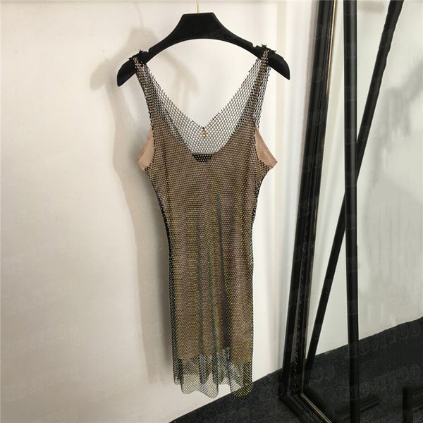 

luxury rhinestone mesh vest dresses with sling bottom skirts for women designer dress party nightclub skirt clothes, Black