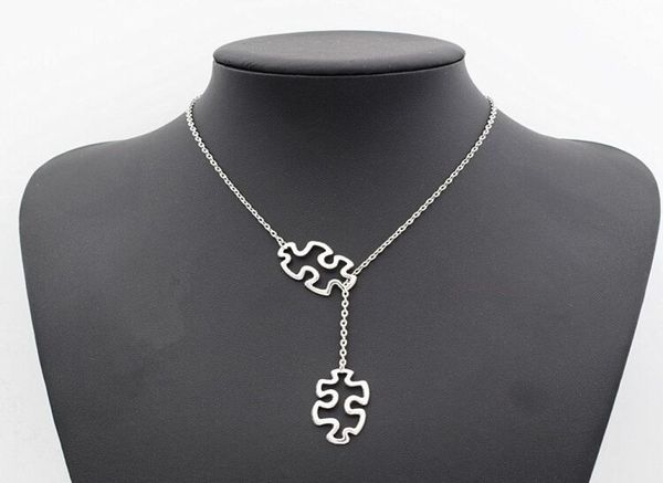 

fashion tibetan silver autism jewelry awareness jigsaw double puzzle piece pendant adjustable necklace gift2772746