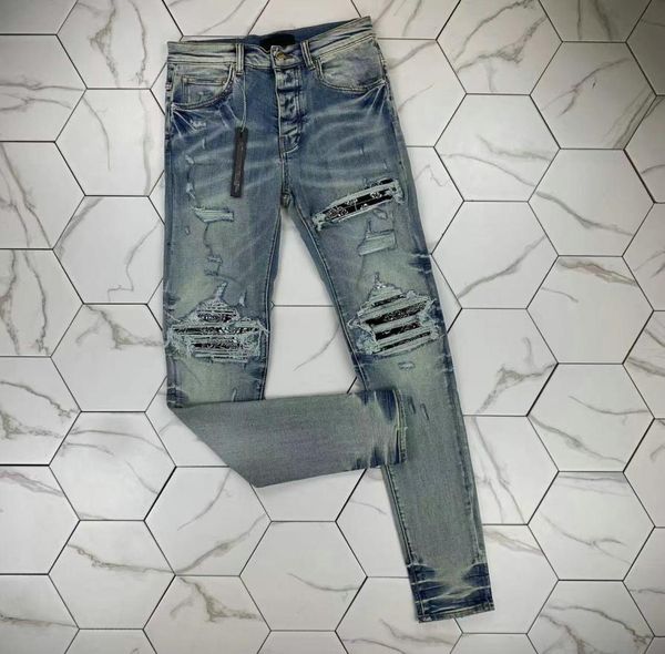 

hm532 mens jeans distressed motorcycle biker jean rock skinny slim ripped hole stripe fashionable snake embroidery de1985264, Blue