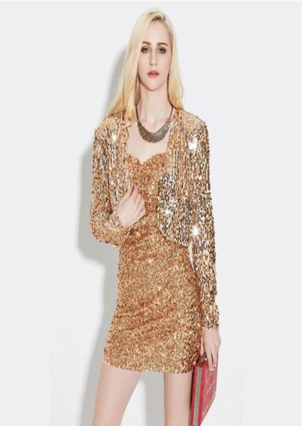 

spring women long sleeve short cropped coat shiny sequin bolero shrug cardigan jacket gold black silver retro blazer party wear4559772, Black;brown