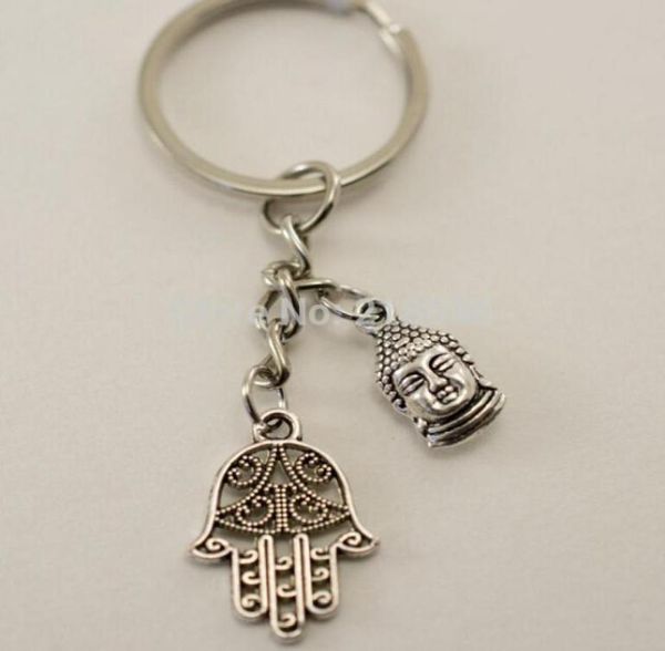 

50 pcs fashion vintage silver buddha buddhist hamsa hand charms keychain fit diy car key chains diy jewelry findings l116999958108396542, Slivery;golden