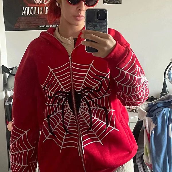 

women's hoodies sweatshirts spider web red graphic hoodies women's clothing warm harajuku vintage grunge y2k zip up hoodie for men, Black