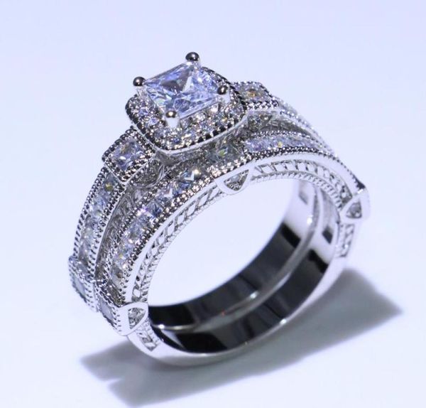 

vintage fashion jewelry 925 sterling silver princess cut white z cz diamond eternity couple rings wedding bridal ring set fpr 2576501, Slivery;golden