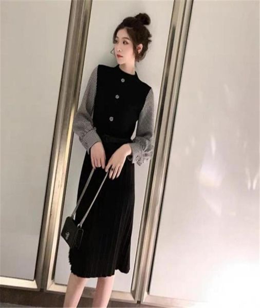 

casual dresses vintage plaid pleated sweater dress women autumn chic patchwork lantern sleeve knitted with belt party a3949693240, Black;gray