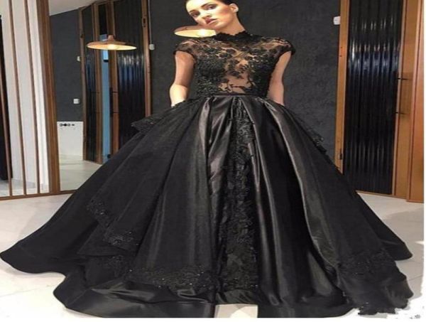 

vintage black gothic wedding dresses 2019 high neck cap sleeves illusion beaded lace satin non white bridal gowns couture cust4946978