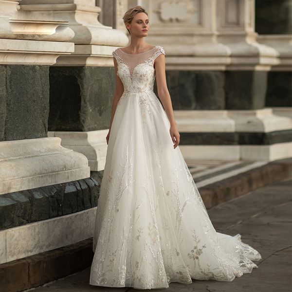 

luxurious beaded bling bling wedding dresses with capped sleeves sheer neck beading wedding gown bridal dresses, White