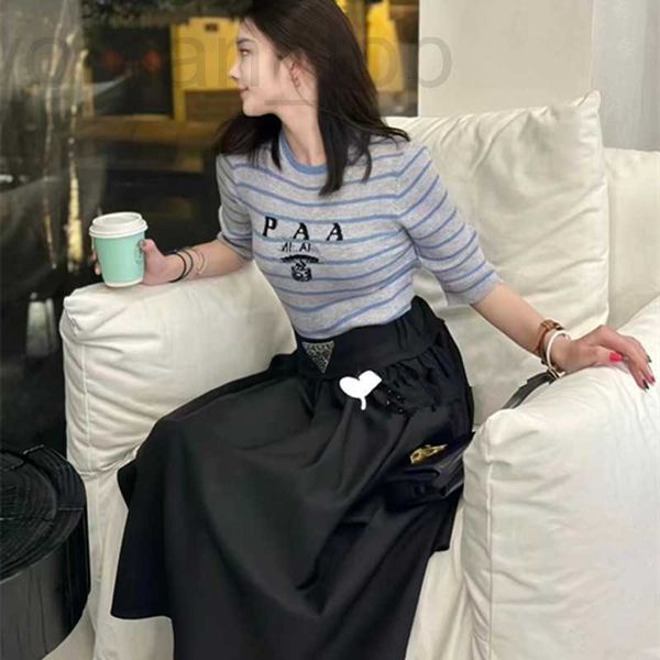 

basic & casual dresses designer p family 23 early autumn new intercolor stripe letter jacquard long sleeve round neck thin knit fashion slim, Black;gray