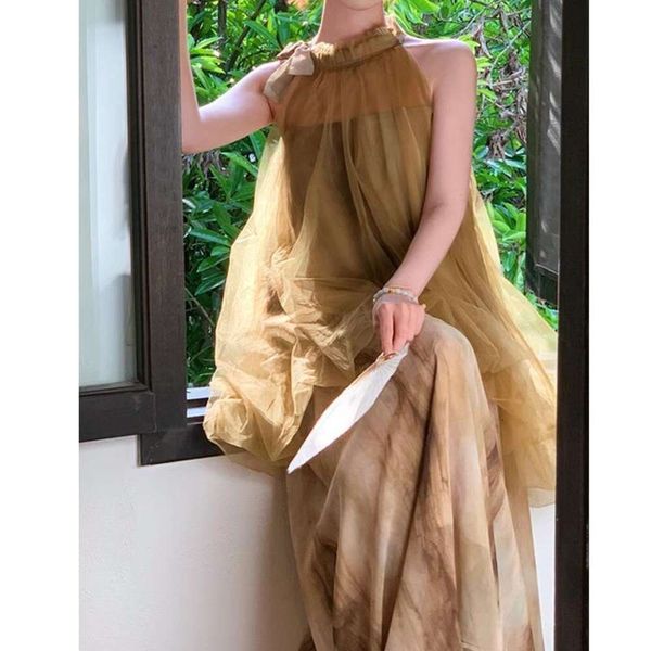 

pingyou bamboo fog forest temperament hanging necklace tie dyed chiffon dress fake two piece summer girl, Black;gray