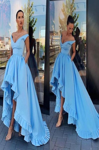 

light blue high low prom dresses off the shoulder satin a line sweep train evening dress ruffles long formal party dress8683126, Black