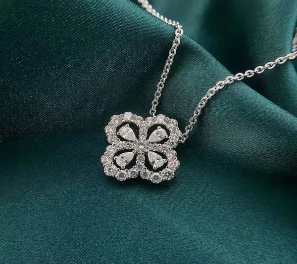 

luxury full diamond four grass pendant necklace niche design super flash imitation moissanite flowershaped flower clavicle chain 2716570, Silver