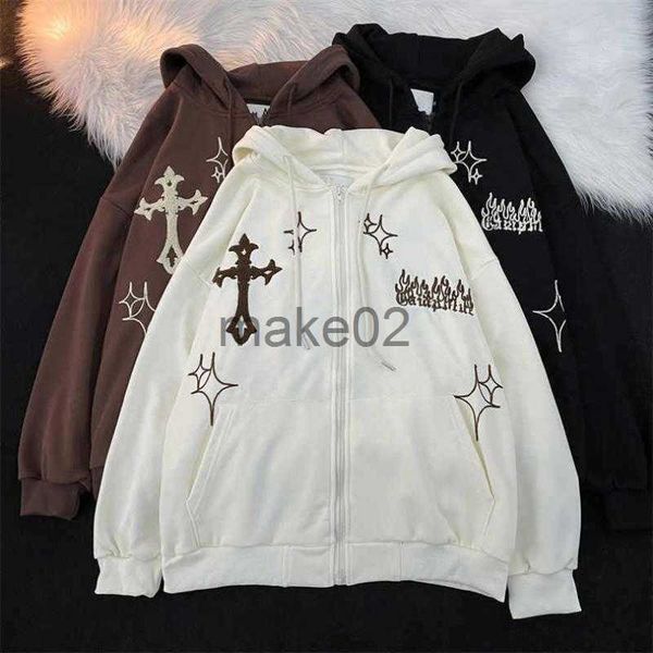 

women's hoodies sweatshirts gothic embroidery hoodies women retro harajuku hip hop jacket high street zip up hoodie casual loose sweats, Black