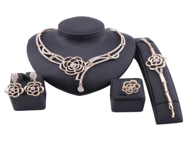 

fashion dubai gold color jewelry flower crystal necklace bracelet ring earring women italian bridal accessories jewelry set9106856, Slivery;golden