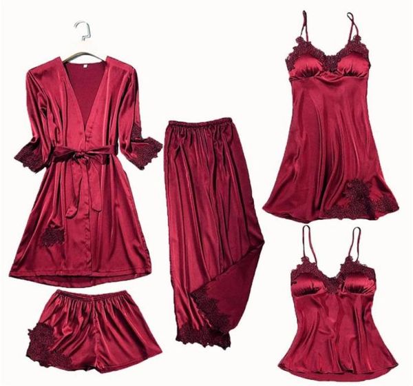 

satin lace pajamas set women 5pc strap pants sleepwear sleep suit spring autumn pyjamas home wear nightwear robe gown mxxl30012343576, Black;red