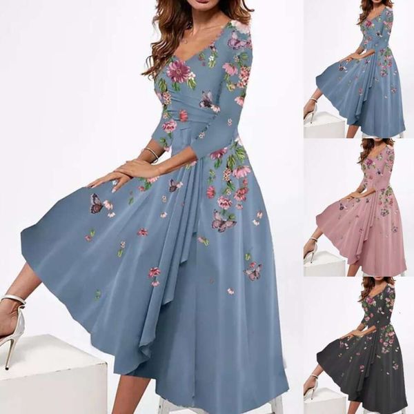 

spring and summer womens v neck loose printed mid sleeve dress, Black;gray