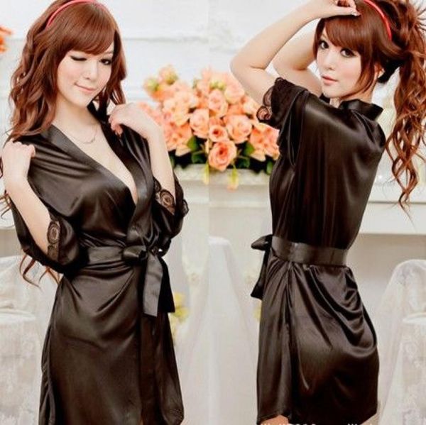 

women satin lingerie sleepwear nightdress robes lace gstring gown6791083, Black;red