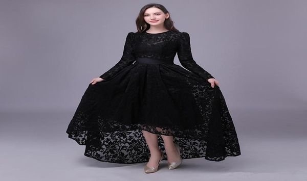 

black lace evening dresses 2020 long sleeves evening gown jewel neck high low prom dress vestido3097046, Black;red