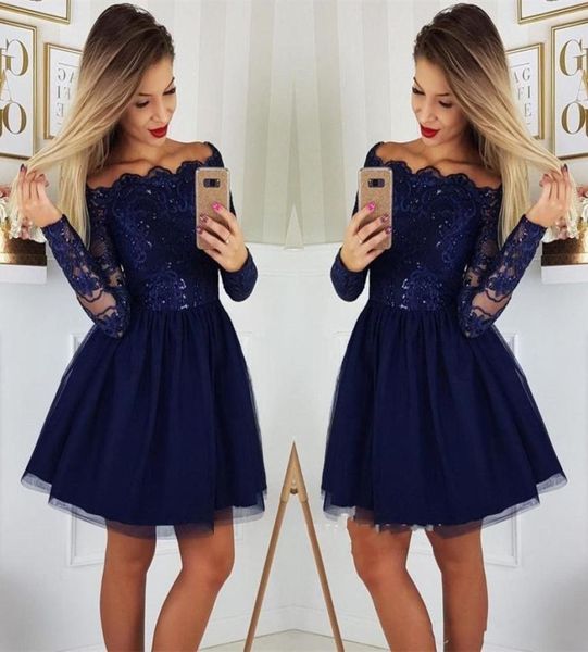

dark navy short prom dresses long sleeves lace a line homecoming dress tulle applique cocktail party dresses plus size vestidos de4372011, Black