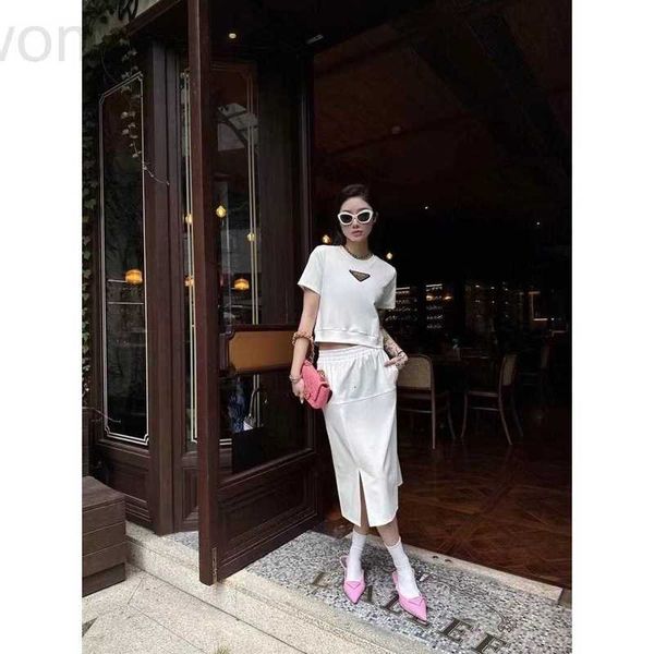

women's two piece pants designer p family 23 spring/summer new fashion triangle short lower corner split half skirt casual sports set k, White