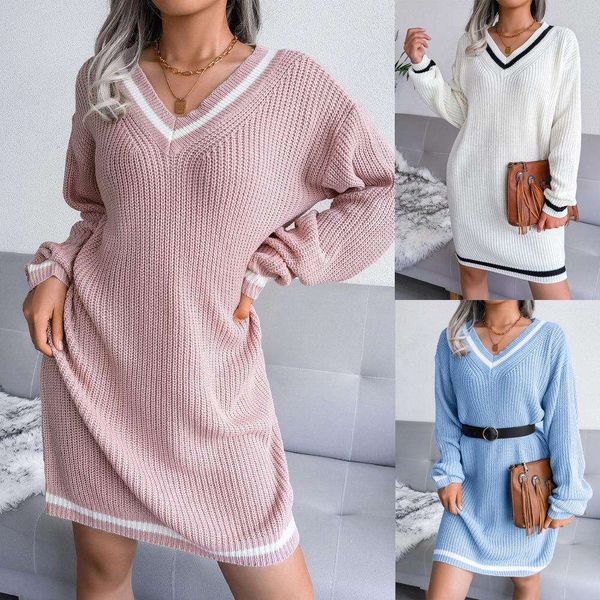 

ins pre school style v neck sweater skirt knitted dress womens, Black;gray