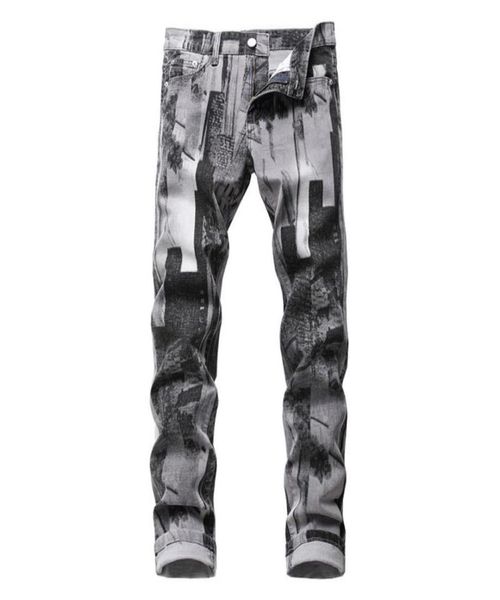 

men039s jeans mens fashion casual style gray pattern printed slim traight stretch denim pants for men9354678, Blue