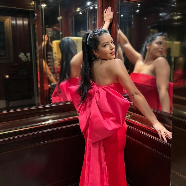 

elegant long fuchsia taffeta prom dresses with big bow mermaid strapless lace up back robe de soiree sweep train formal party evening dresse, Black