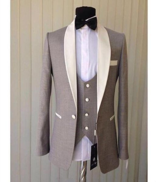 

light grey groom tuxedos three piecs ivory shawl collar blazer groomsmen mens wedding suits custom made jacketpantsvestt4750506, Black;gray