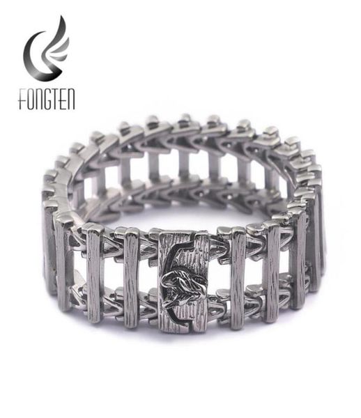 

fongten wolf charm hollow mens bracelet punk viking stainless steel special rock bracelets wide heavy fashion jewelry link chain684632775, Black