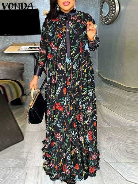 

basic casual dresses plus size 5xl vonda bohemian dress 2023 summer women long sleeve floral print shirt beach sundress button party maxi ve, Black;gray
