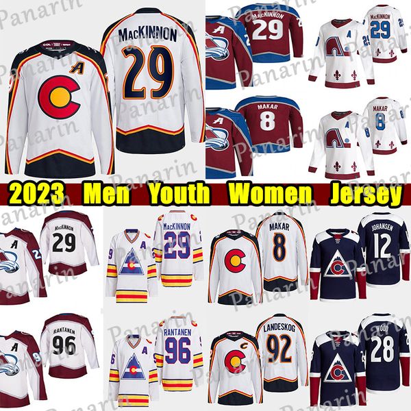 

#29 nathan mackinnon reverse retro hockey jersey #8 cale makar mikko rantanen gabriel landeskog miles wood joe sakic valeri nichushkin ryan, Black;red
