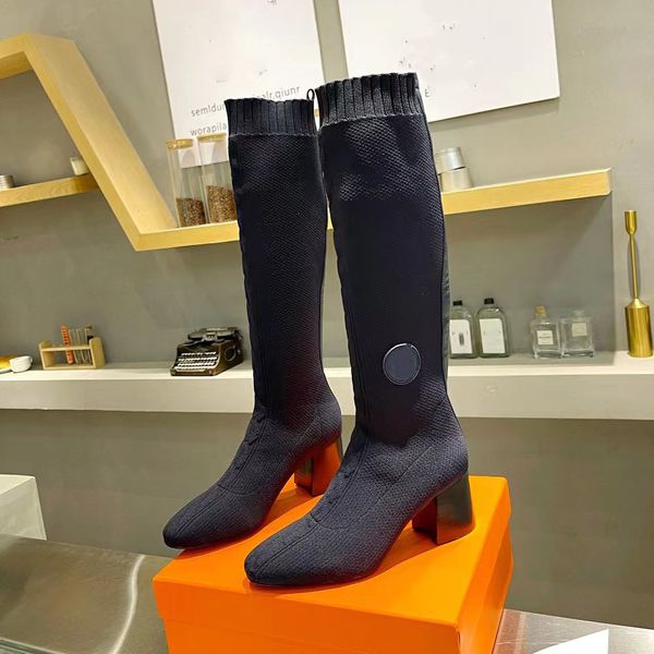 

womens boots designer stretch sock boot h home leather martin thick-soled thick high-heeled mid-tube fashion single beige orange factory sup, Black