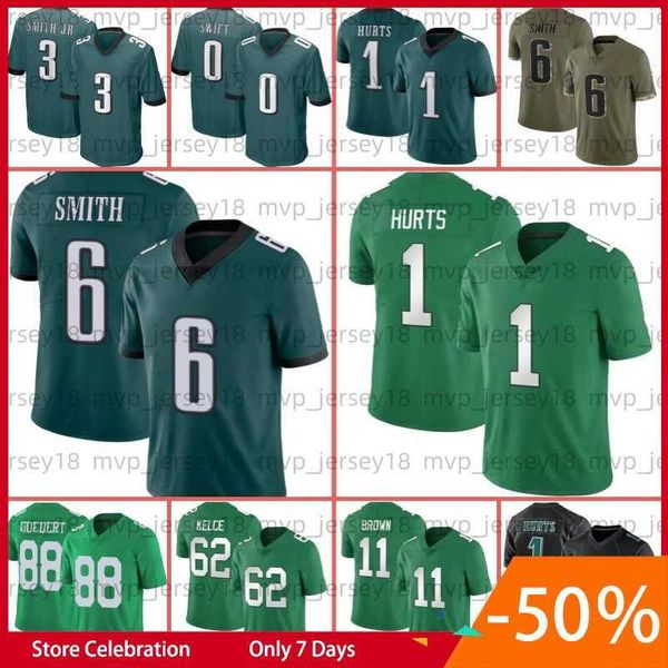 

jalen hurts 1 devonta smith football jersey a.j. brown haason reddick jason kelce 0 d'andre swift jalen carter darius slay jr. brandon, White;black