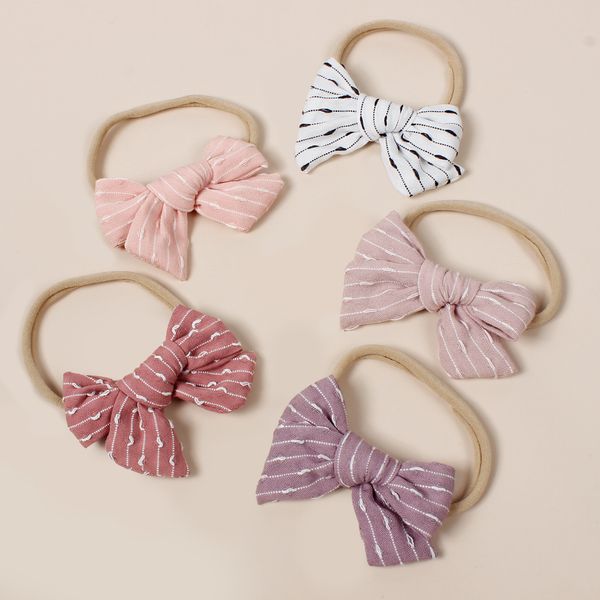 

16204 infant baby girls bow headband kids stripe bowknot hairband soft nylon children bandanas head band, Slivery;white