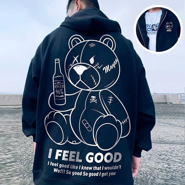 

men's hoodies sweatshirts men's harajuku fashion hoodies beer bear print kawaii sweatshirts zipper hip hop streetwear autumn casua, Black
