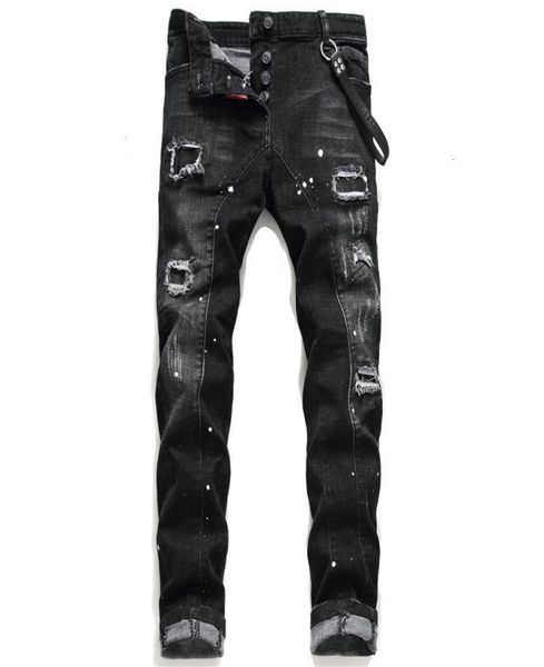 

mens jeans jean hip hop pants street trend zipper chain decoration ripped stretch black fashion sli3018933, Blue