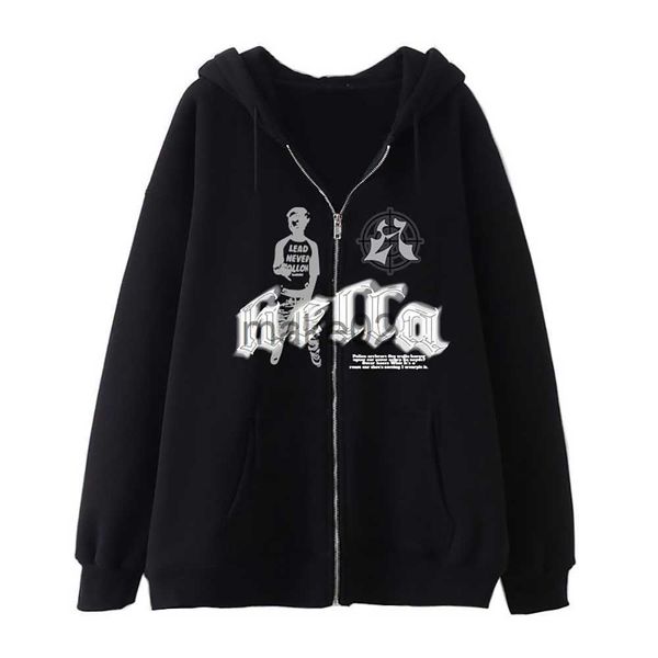 

women's hoodies sweatshirts gothic print hoodies y2k zip pocket hooded women sweatshirts streetwear hip hop jacket for men autumn winte, Black