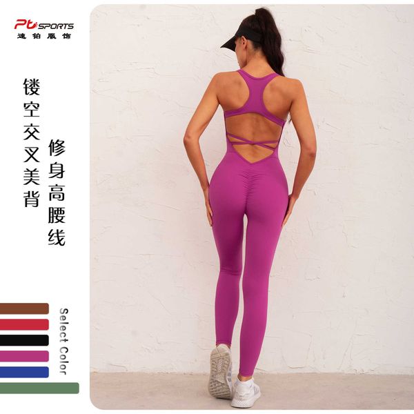 

new tight and slim fitness yoga bodysuit sleeveless hollow out back breathable abdominal and hip tightening