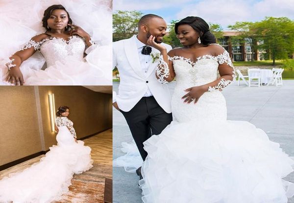 

plus size african mermaid wedding dresses sheer oneck illusion lace applique long sleeve ruffles cathedral train wedding gown7340196, White