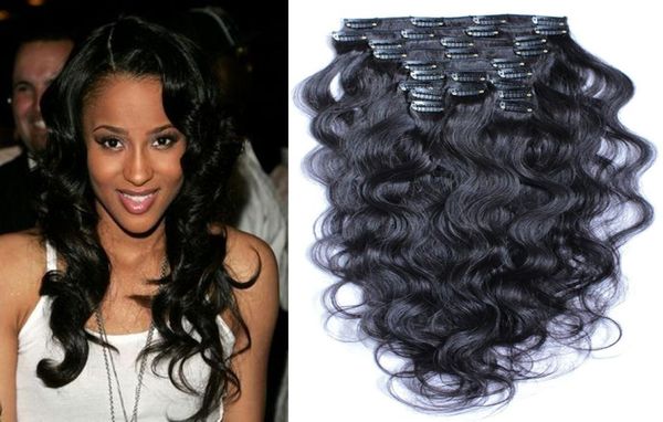 

brazilian virgin hair clip in extension 100g 8pcs human hair brazilian body wave curly virgin hair clip ins4985295, Black;brown