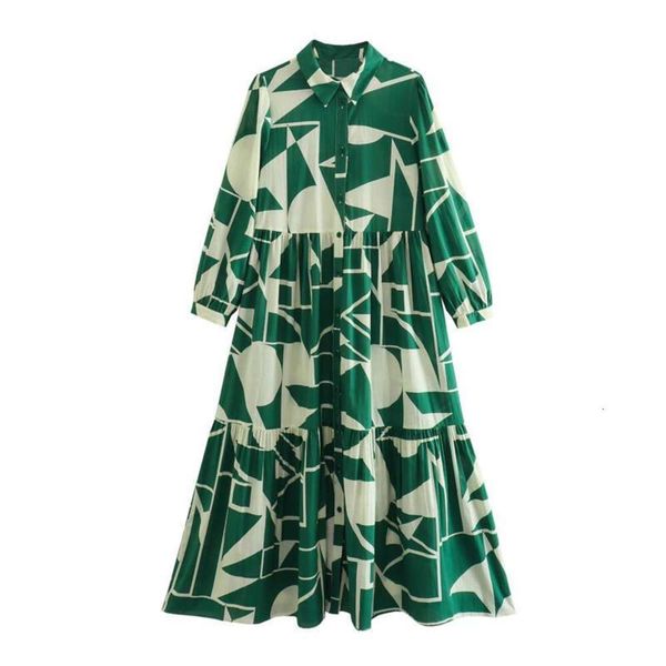 

summer style lapel long sleeve green print blouse dress for women, Black;gray