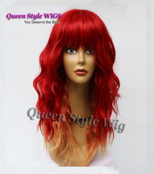 

new arrival medium length heat resistant wig synthetic water deep curly wave two tone ombre mermaid red hair wig wigs with bangs6303266, Black