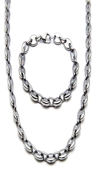 

10mm wide shiny coffee beans link chain bracelet mens 14k gold chains necklace stainless steel costume jewelry set boyfriend gifts6775909, Silver