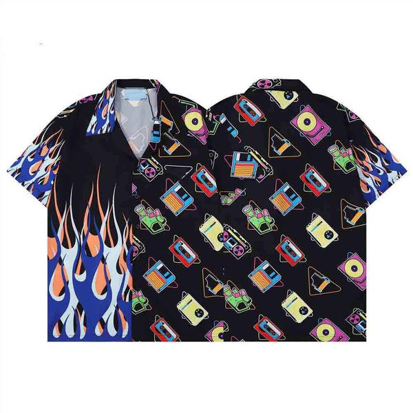 

mens brand fashion designer shirts geometric print bowling shirt hawaii floral casual shirts men slim fit short sleeve t shirt, White;black