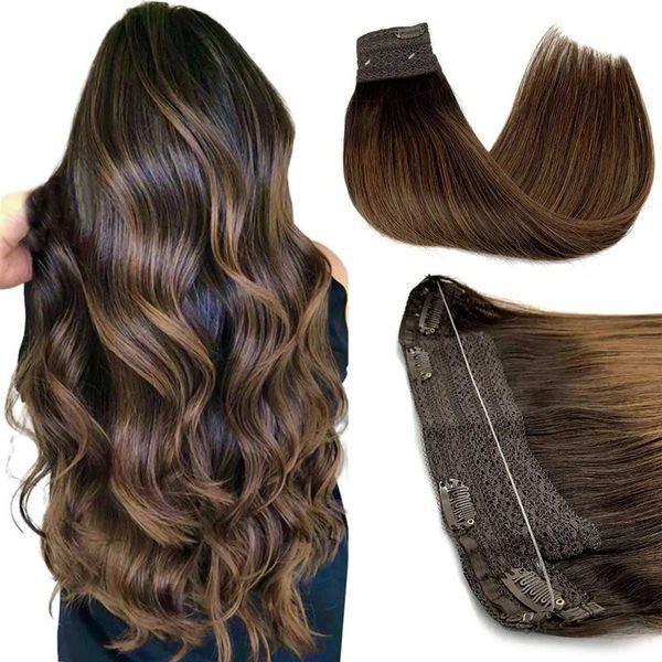 

lace wire hair real human balayage dark brown to chestnut invisible transparent fish line 230807, Black;brown