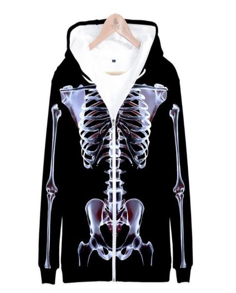 

skeleton skull 3d print zip up womenmen hoodie sweatshirt hip hop long sleeve hooded zipper jacket coat halloween costume adult5836177, Black